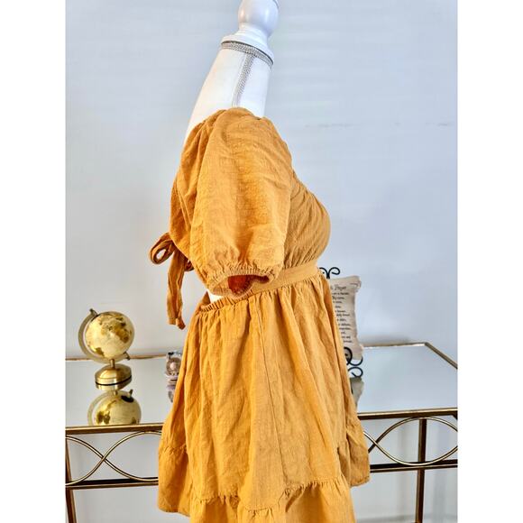 Hesperus Cotton Yellow Empire Waist Mini Dress Short Puff Sleeve Back Tie Medium - Picture 7 of 11